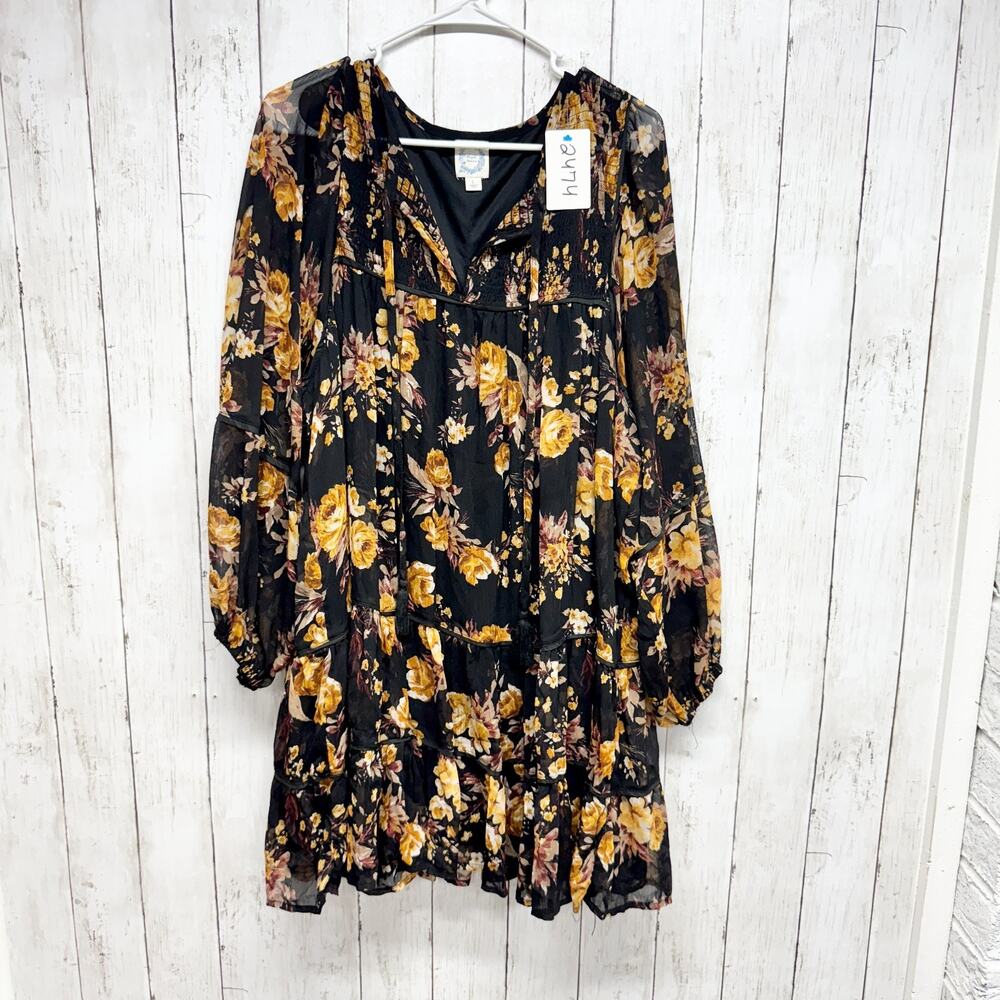 Blue‎ Rain Dress Women Size Large Floral Ruffle Smocked Long Sleeve Swing Mini